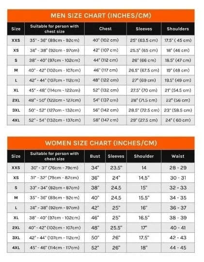 Red A2-style jacket size chart with men's and women's measurements in inches and centimetres