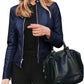 Women's Navy Blue Sheepskin Biker Jacket: Opulent Elegance in Slim Fit with Stand Collar, YKK Zipper, and Timeless Fusion