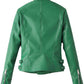 Back of women's green moto jacket showing panel seams, waist tabs and sleeve zips