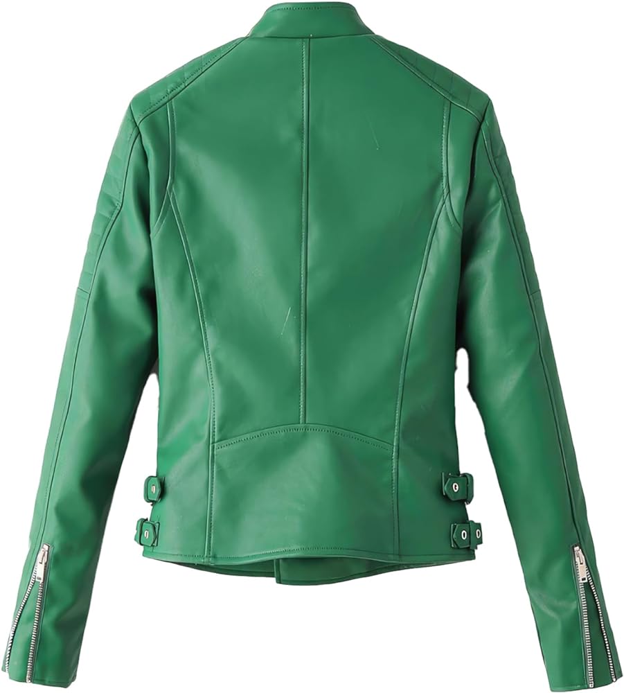 Back of women's green moto jacket showing panel seams, waist tabs and sleeve zips
