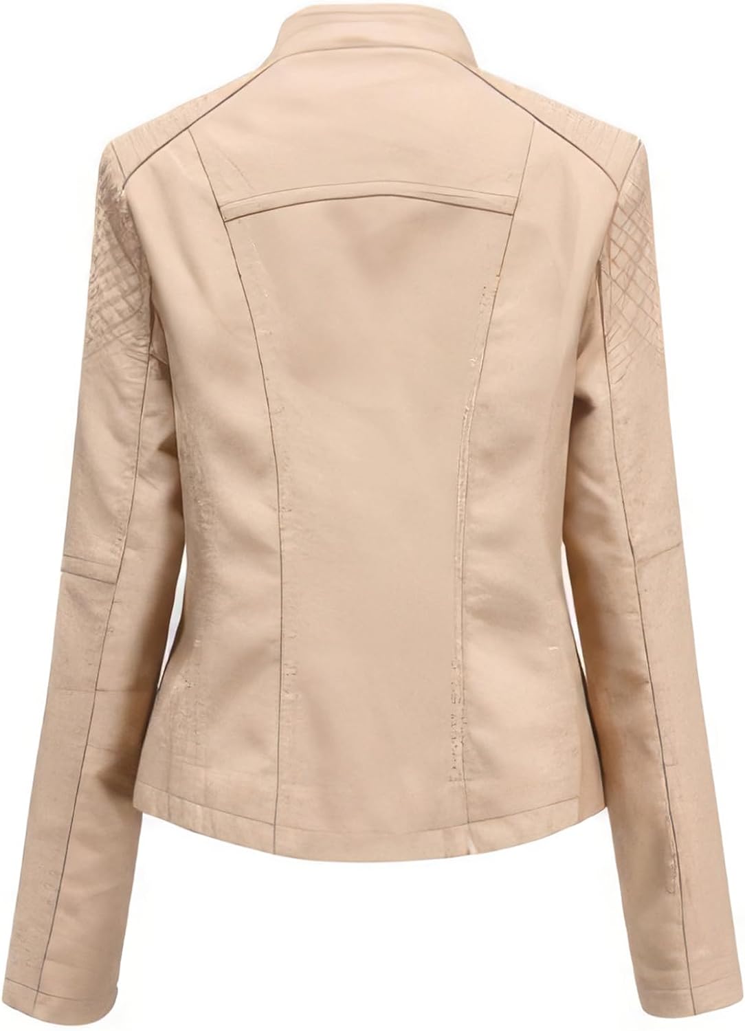 Back of women's retro biker jacket showing panel seams
