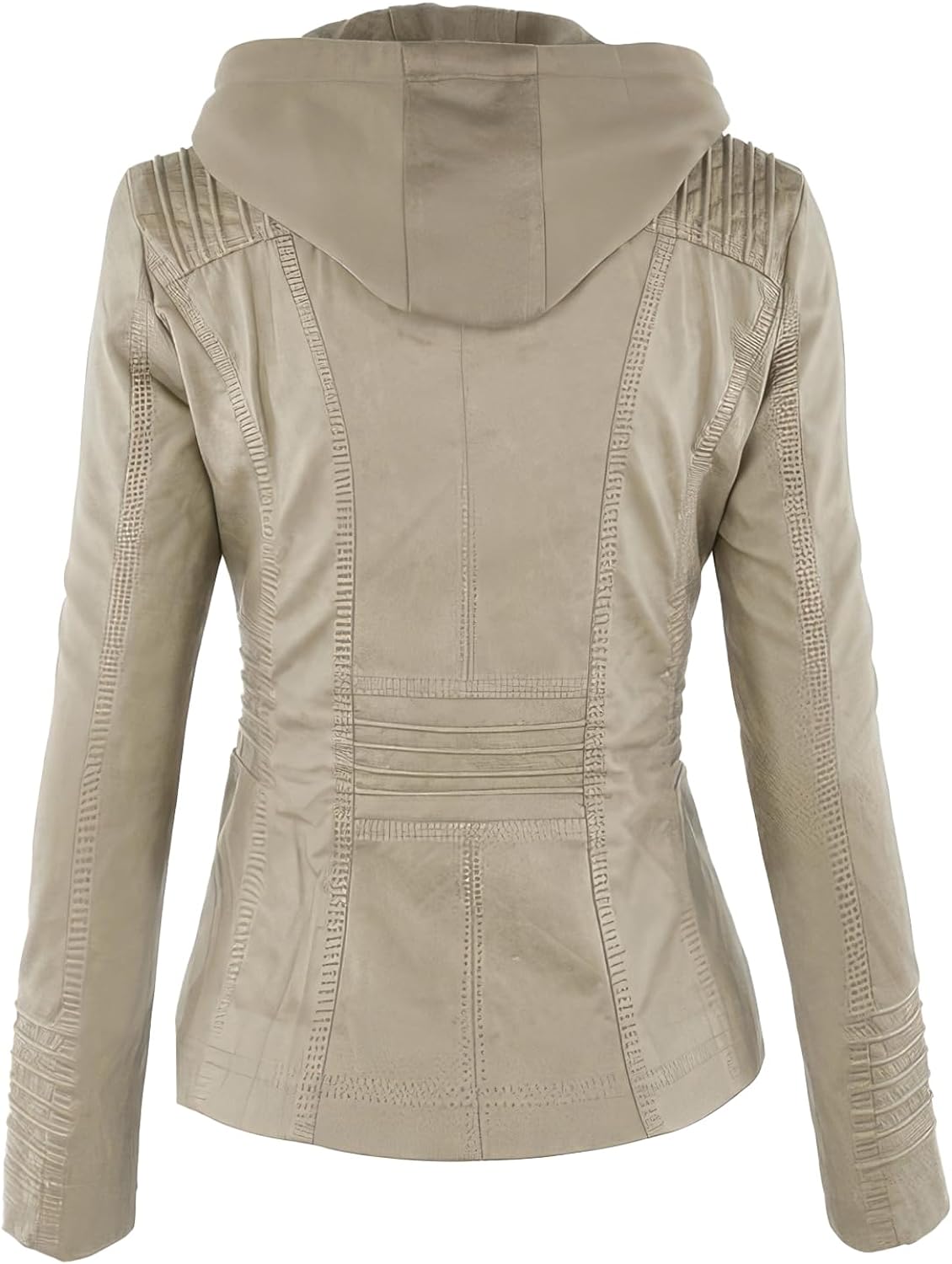 Back of women's hooded jacket showing shoulder quilting and fitted waist panels