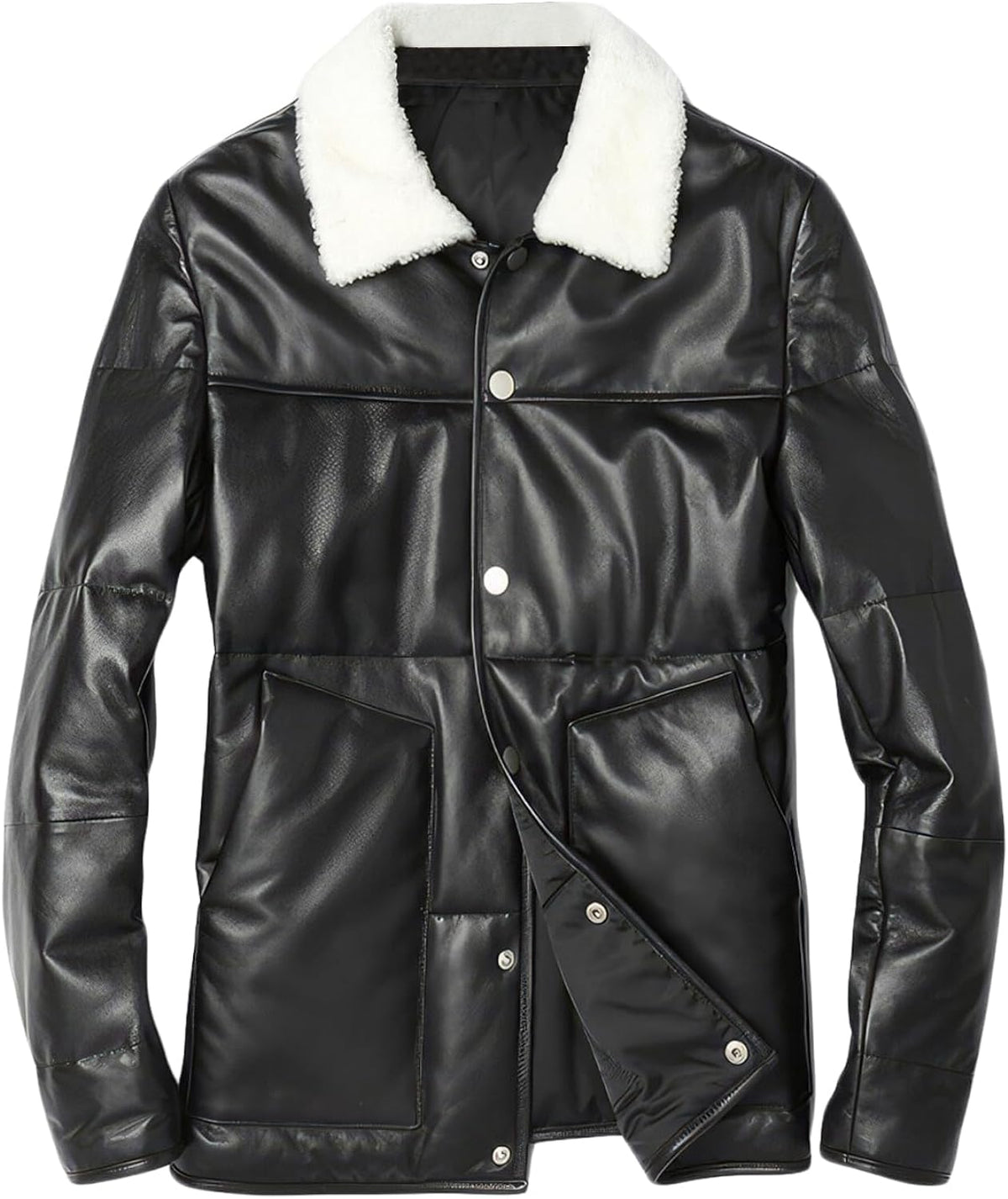 Front of black A2 aviator jacket with white collar, button fastening and pockets