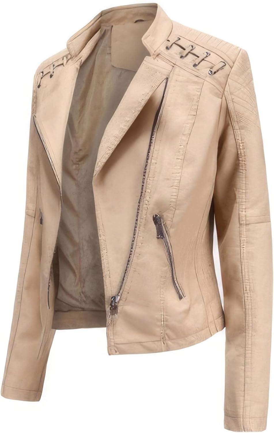 Angled front view of women's retro biker jacket with asymmetric zip and shoulder detailing