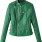 Front of women's green moto jacket with quilted shoulders, asymmetric zip and zipped pockets