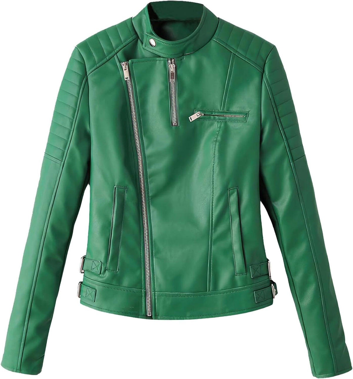Front of women's green moto jacket with quilted shoulders, asymmetric zip and zipped pockets