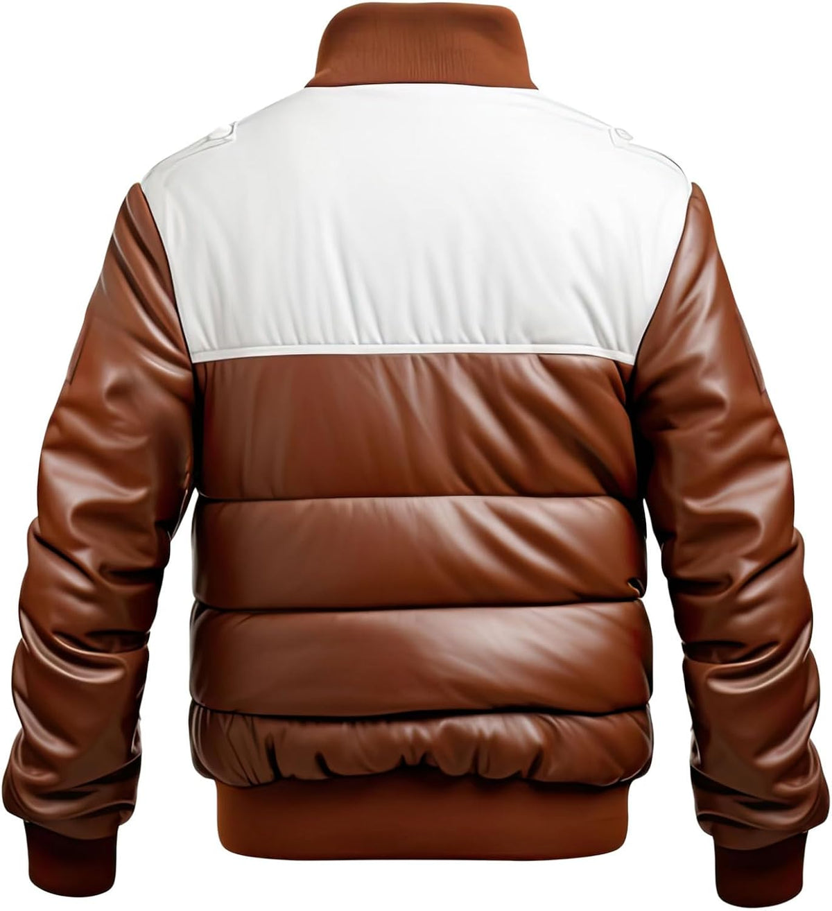 Back of men's brown and white puffer jacket showing padded panels and ribbed hem