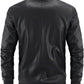 Back of men's black bomber jacket with ribbed hem and textured collar