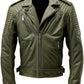 Olive Green Sheepskin Elegance: Notch Lapel, YKK Zipper, Quilted Shoulders - Stylish and Functional Slim-Fit Jacket