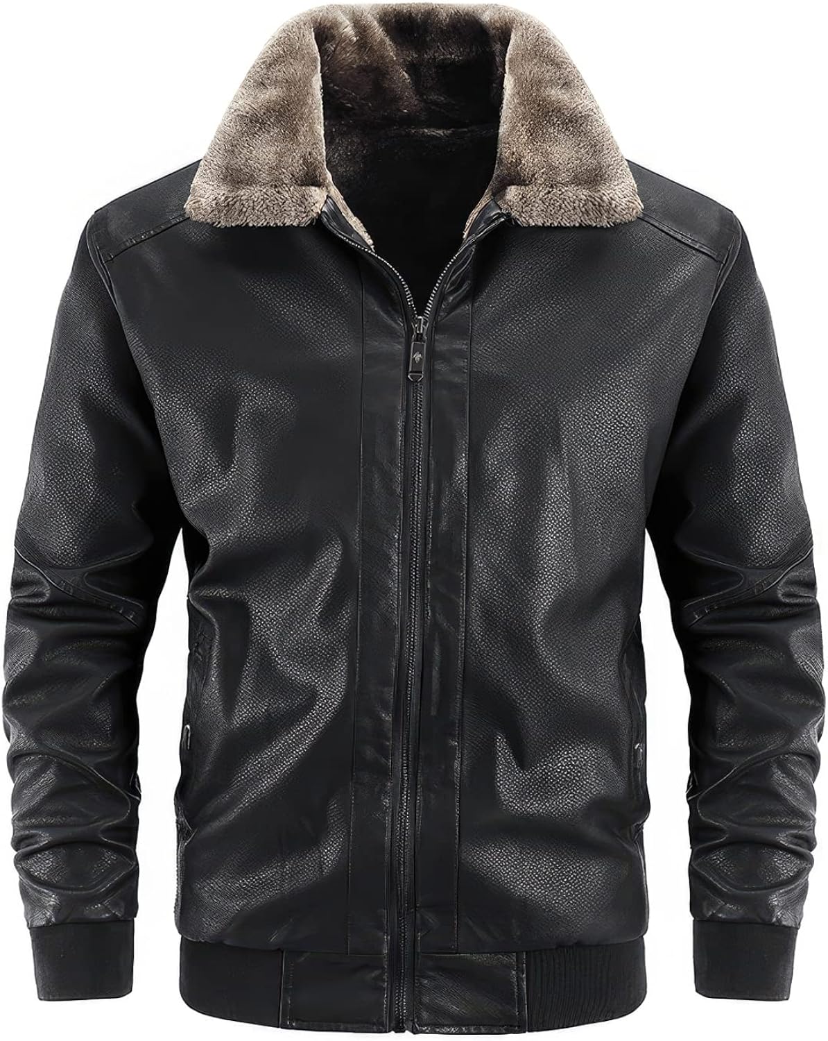 Front of men's black bomber jacket with textured collar, front zip and ribbed cuffs