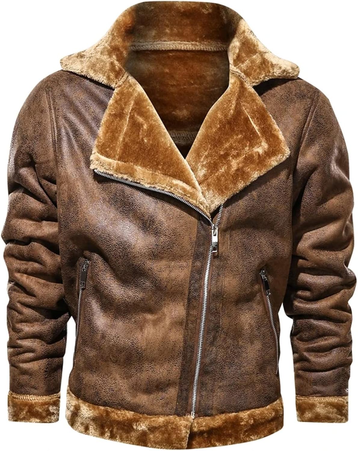 Front of men's brown aviator jacket with distressed finish, wide lapels and textured trim