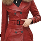 Red Elegance: Genuine Sheepskin Trench with Detachable Faux Fur Collar - Your Perfect Slim Fit for Winter Warmth