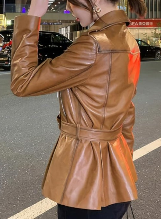 Brown Sheepskin Asymmetric Motorcycle Jacket: Korean Style Elegance