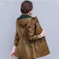 Chic Vintage Hooded Sheepskin Trench: Slim-Fit Brown Leather Coat for Women, Fashionably Timeless