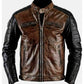 Front of men's jacket showing brown body, black sleeves, stand collar and zipped pockets