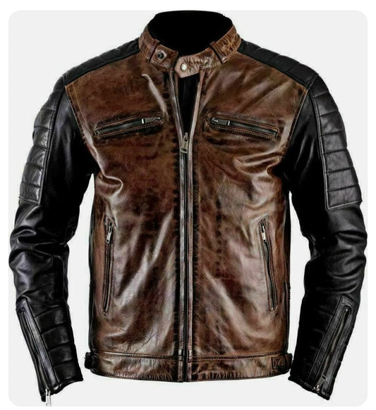 Front of men's jacket showing brown body, black sleeves, stand collar and zipped pockets