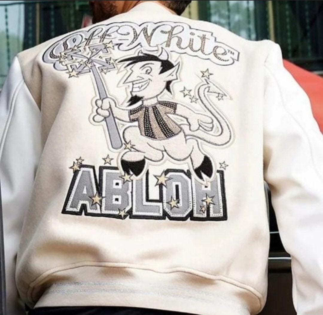 Back of AC Milan-inspired Off-White varsity jacket with embroidered graphic