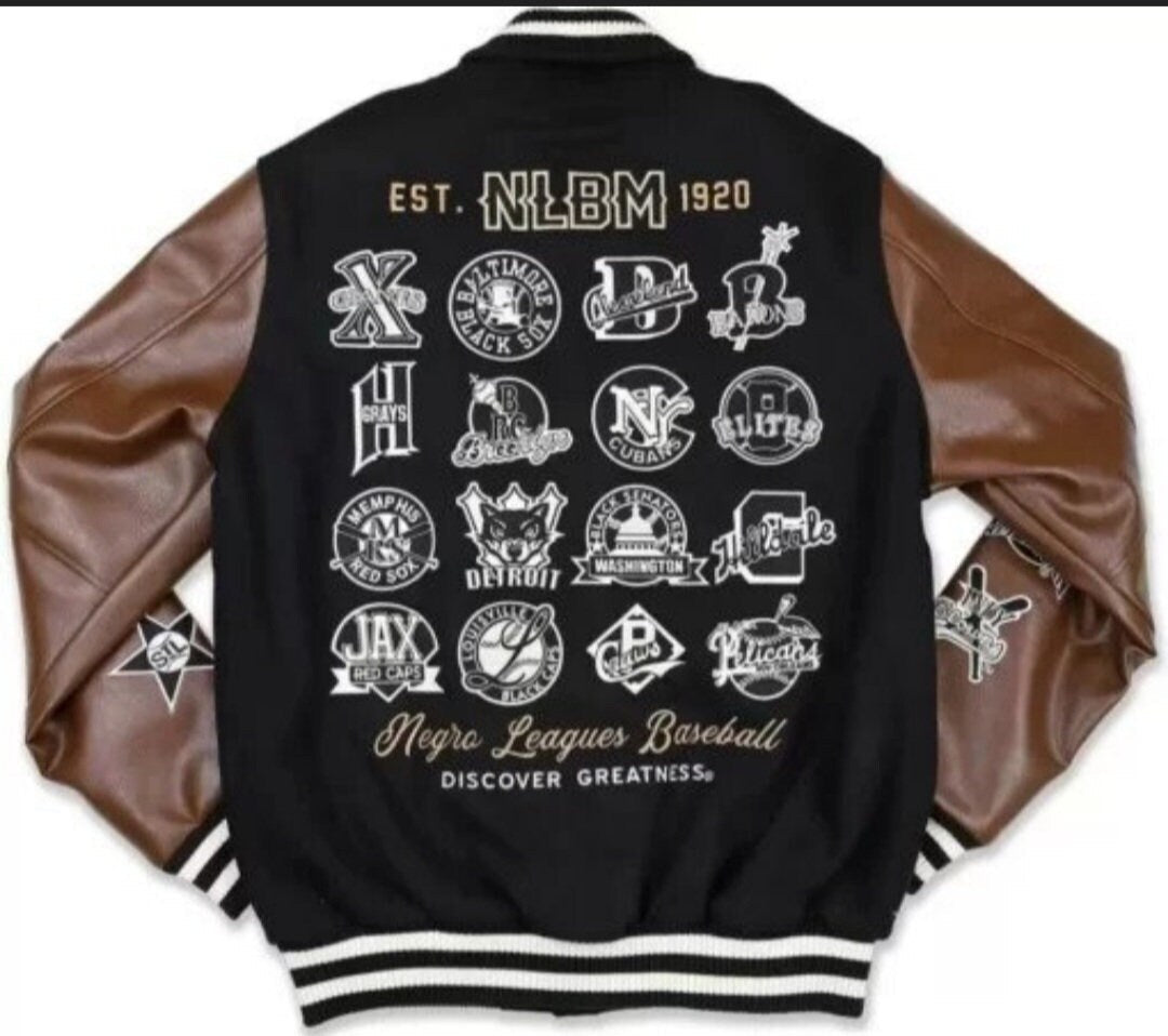 Back of Negro League Baseball S9 varsity jacket with team logo embroidery