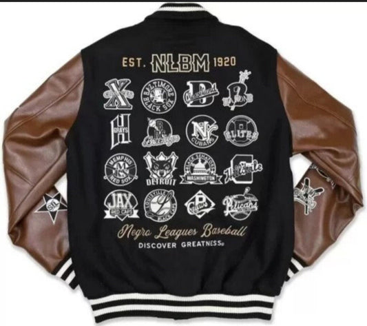 Back of Negro League Baseball S9 varsity jacket with team logo embroidery