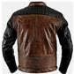 Back of men's jacket showing brown body and black quilted shoulders and sleeves