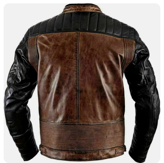 Back of men's jacket showing brown body and black quilted shoulders and sleeves