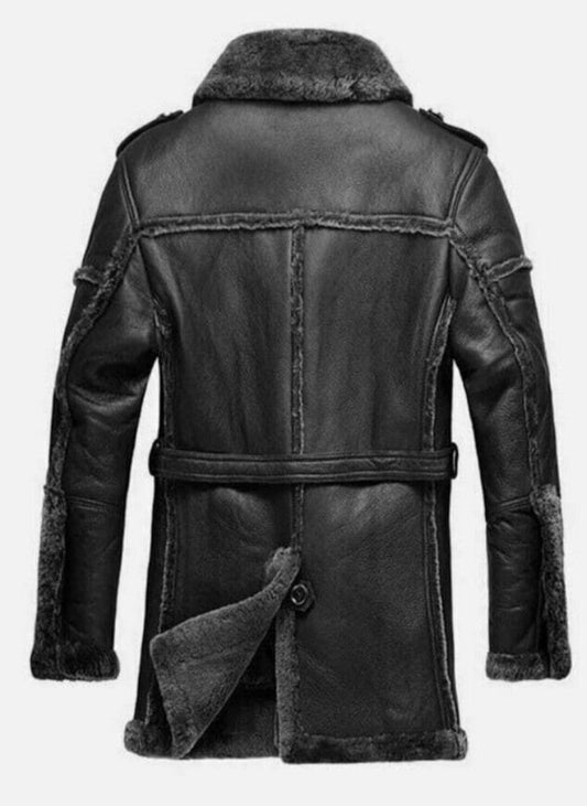 Handmade Grey Fur Black Sheepskin Bomber Leather Coat