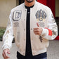 Front view of AC Milan-inspired Off-White varsity jacket worn by a model