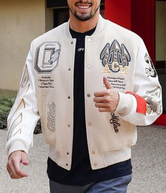 Front view of AC Milan-inspired Off-White varsity jacket worn by a model