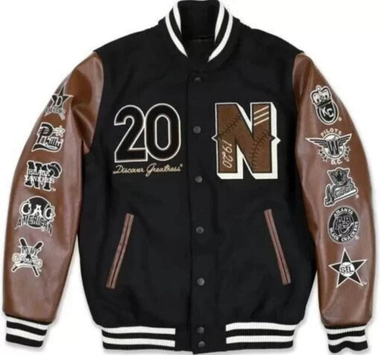 Front of Negro League Baseball S9 varsity jacket with black body, brown sleeves and embroidered patches