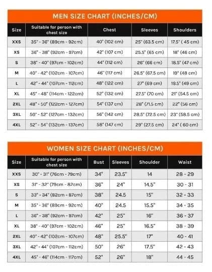 Jacket size chart with men's and women's measurements in inches and centimetres