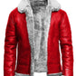 Front of red A2-style jacket held open to show grey textured lining and collar