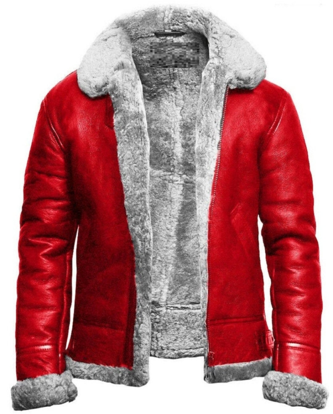 Front of red A2-style jacket held open to show grey textured lining and collar