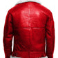 Back of red A2-style jacket showing panel seams and grey textured trim
