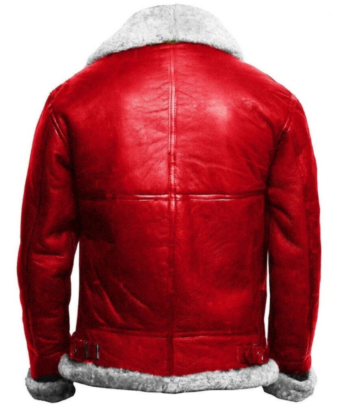 Back of red A2-style jacket showing panel seams and grey textured trim