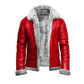 Full front view of red A2-style jacket with grey textured collar, cuffs and hem trim