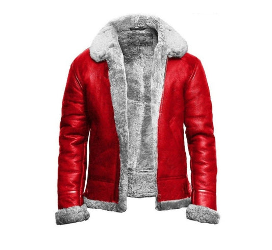 Full front view of red A2-style jacket with grey textured collar, cuffs and hem trim