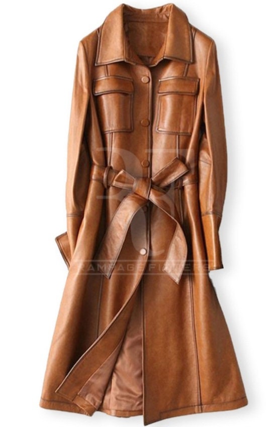 Front of brown trench coat with collar, buttons, pockets and waist belt