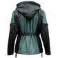 Back of charcoal grey and mint green coat showing hood, contrasting panels and waist belt